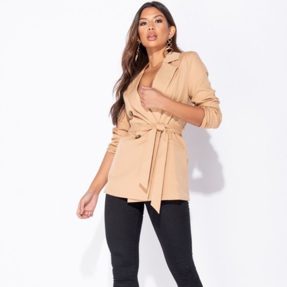 Camel Long Sleeve Double Breasted Blazer Jacket - Picture 6 of 8